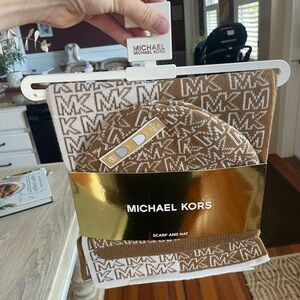 Michael Kors Brown and White Logo Scarf and Hat